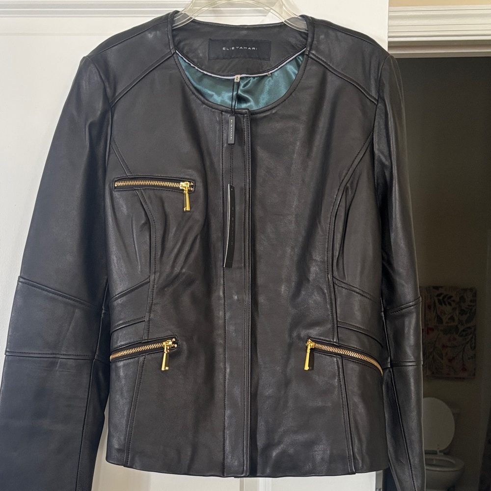 Elie Tahari Black Leather Jacket with Yellow Accents